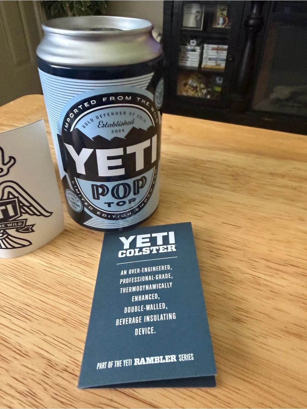 Yeti Blue & White Slim Can Cooler with Sticker Card